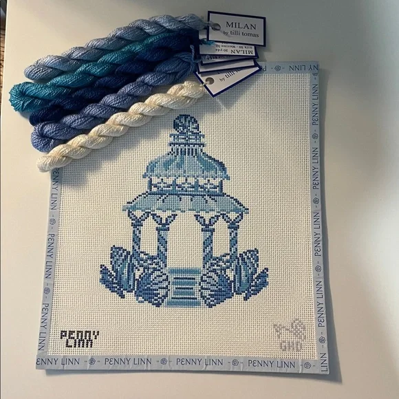 Penny Linn Blue Shells Pagoda Needlepoint Canvas by Grey Hall Designs w/ thread - Picture 3 of 4